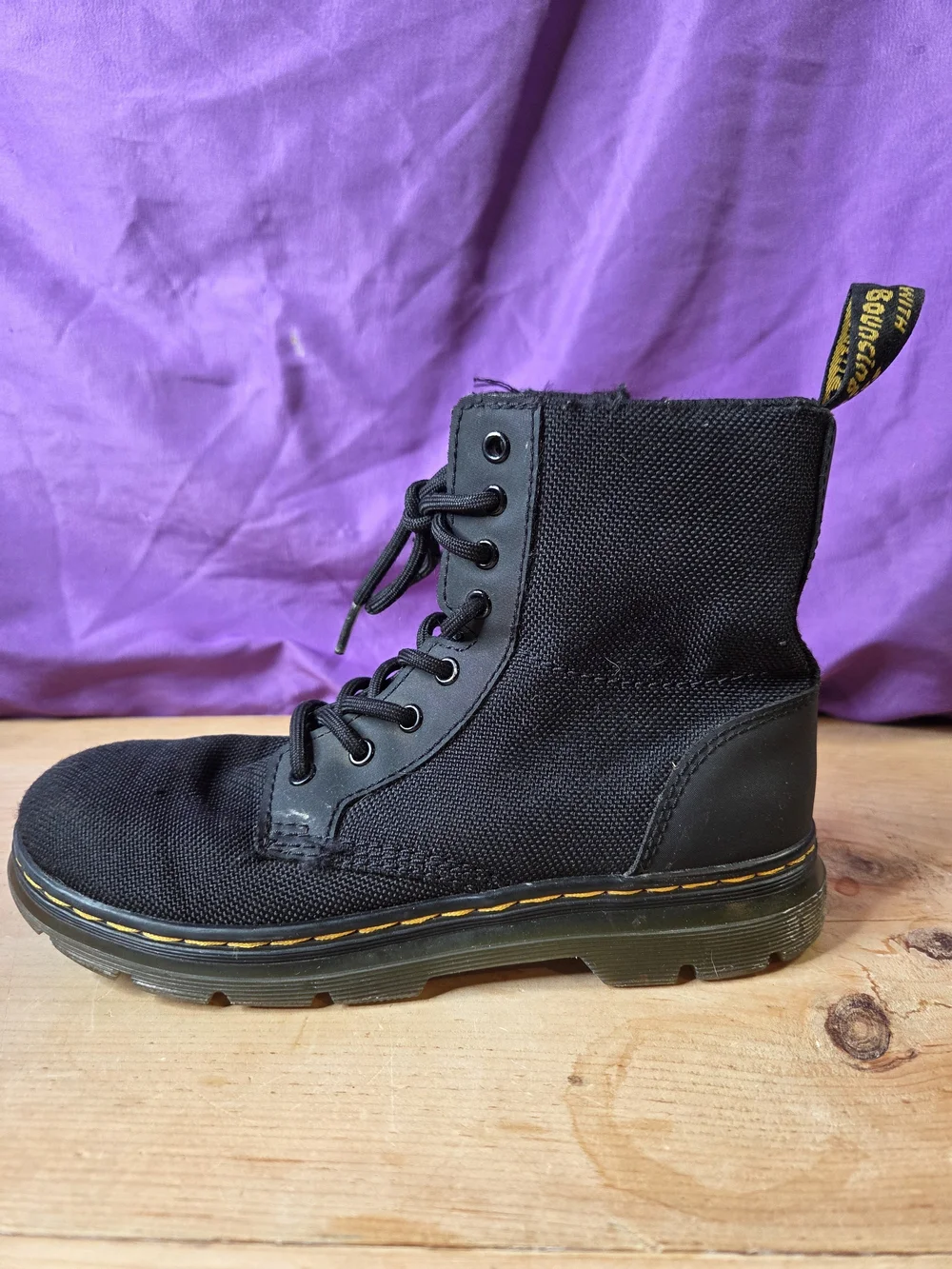 Dr. Martens Black Canvas Lace-Up Boots with Yellow Stitching